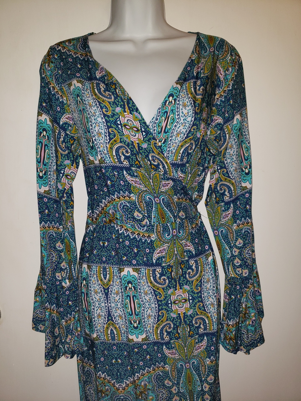 Boho Wrap Maxi Dress in Teal Paisley M (8-10) NEW